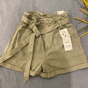 ZARA High Waisted Green Denim Paperbag Shorts